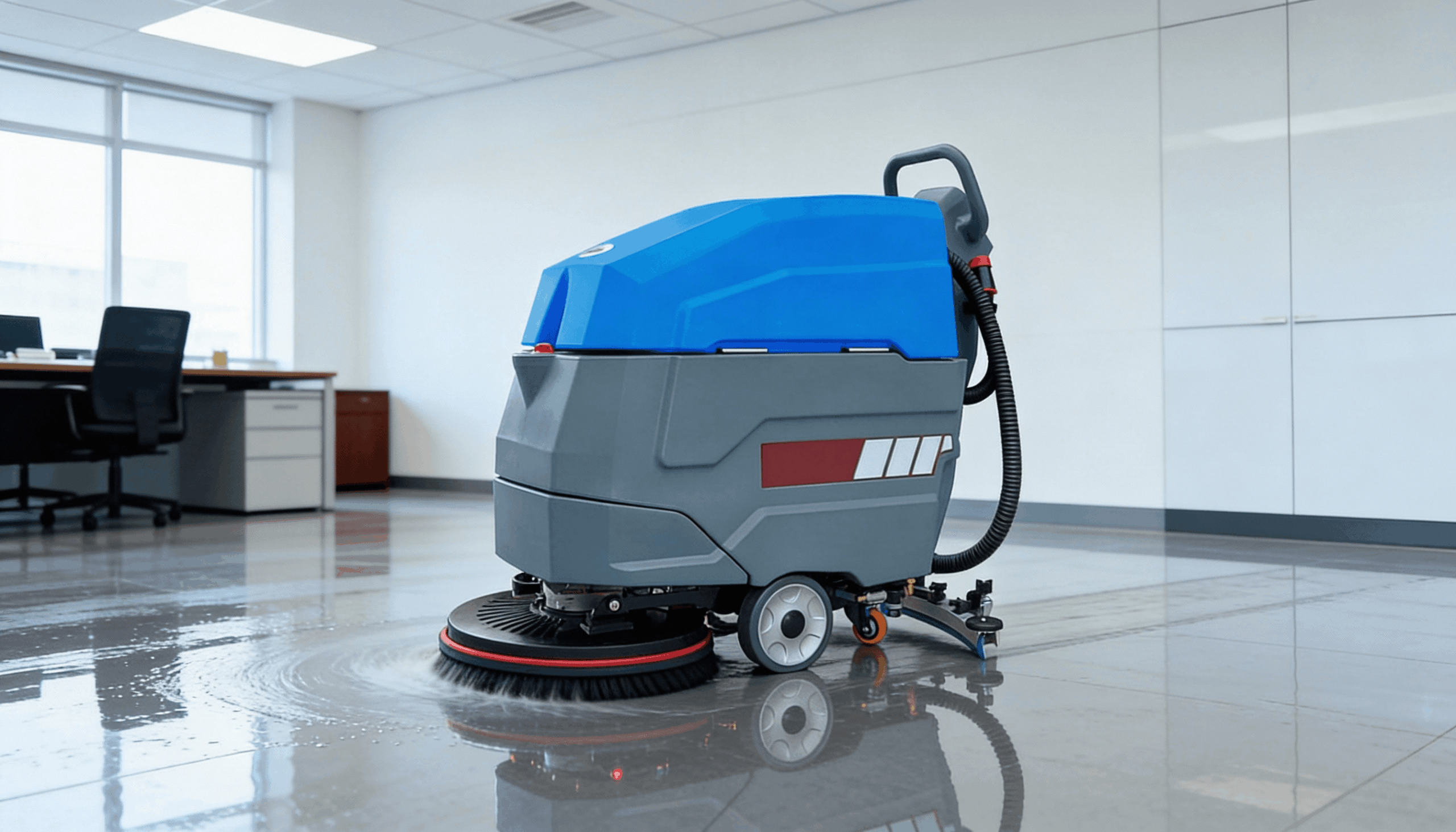Professional floor care equipment in a polished commercial facility