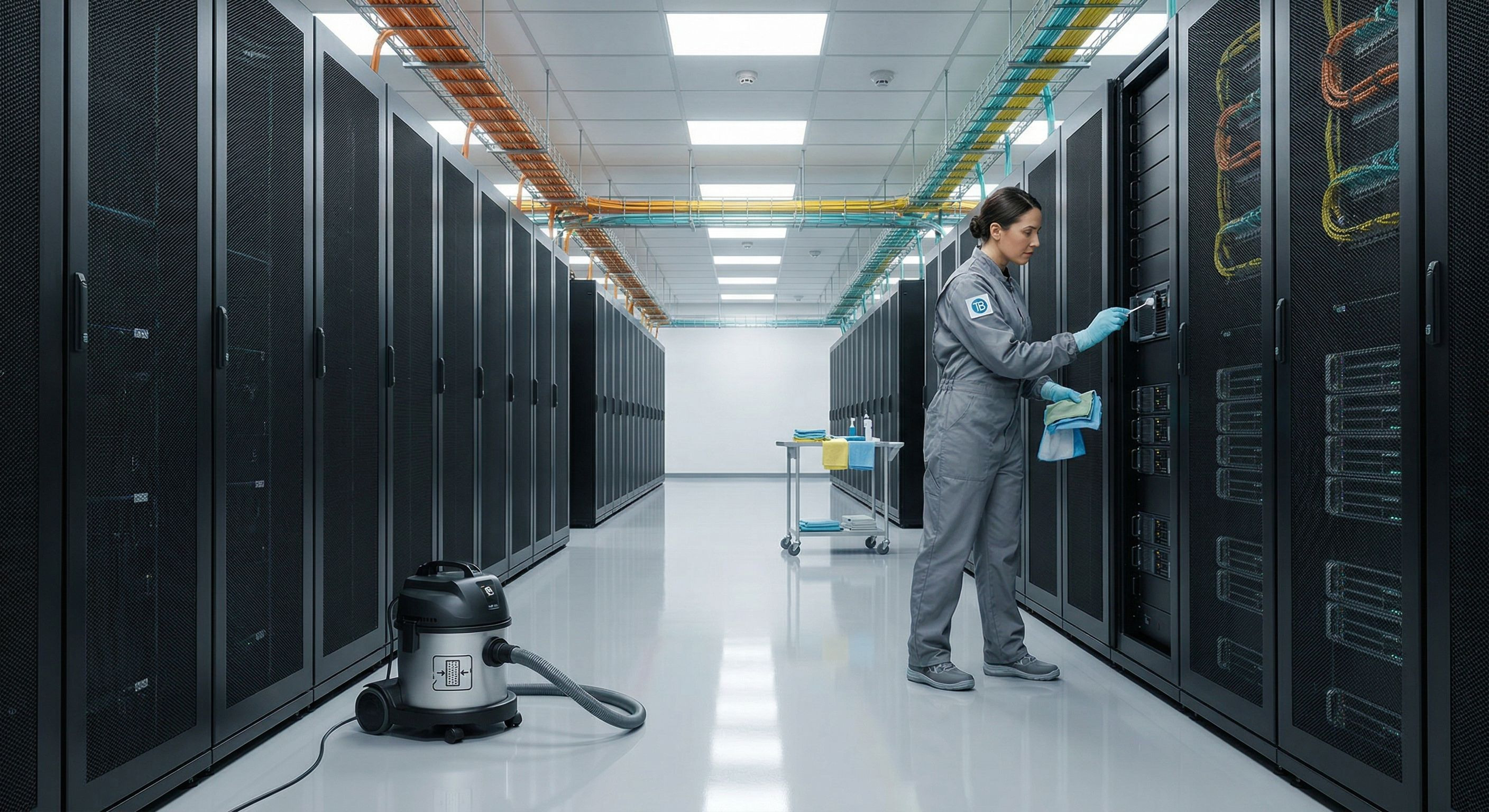 Controlled-environment technician cleaning equipment inside a data center