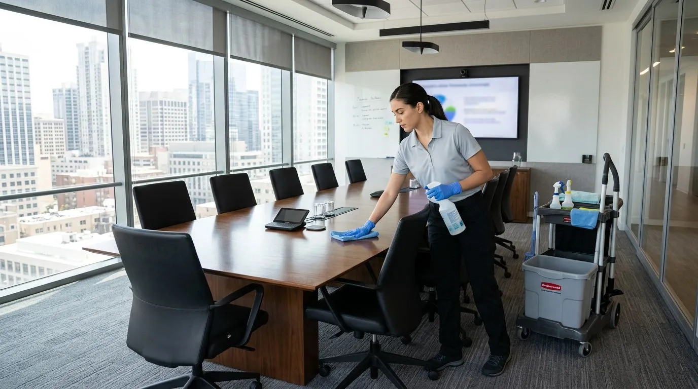Commercial cleaner detailing a conference table in an office