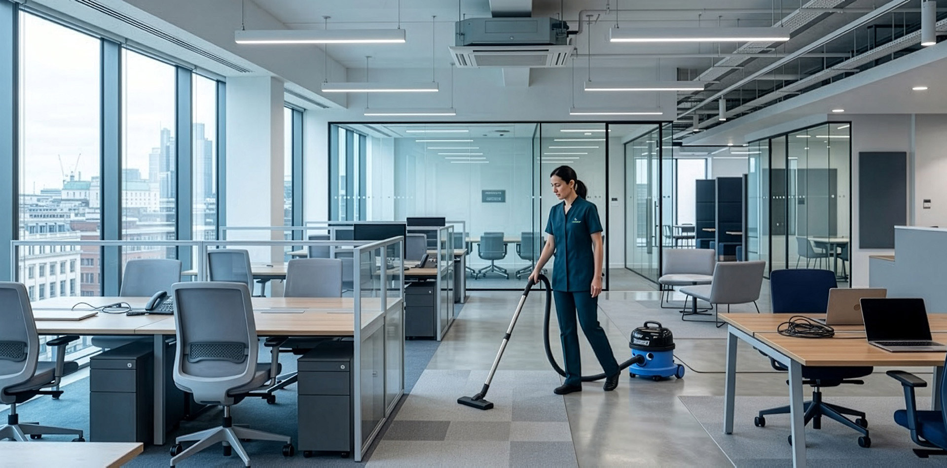 Commercial cleaner vacuuming a bright modern office