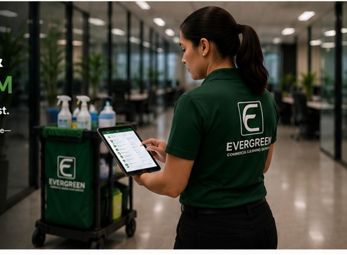 Evergreen supervisor reviewing a digital cleaning inspection in a commercial facility