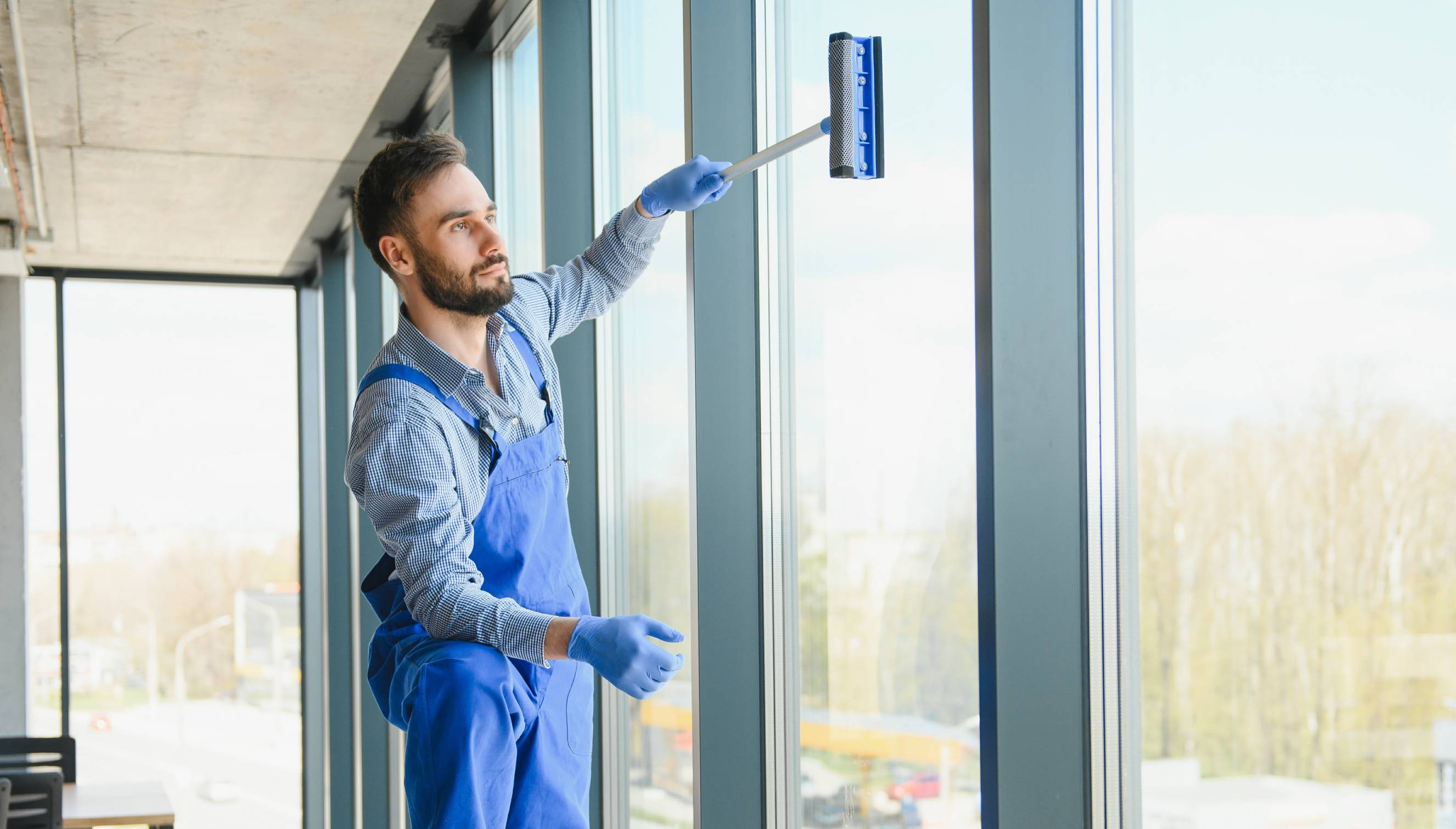 Professional window cleaner servicing interior office glass
